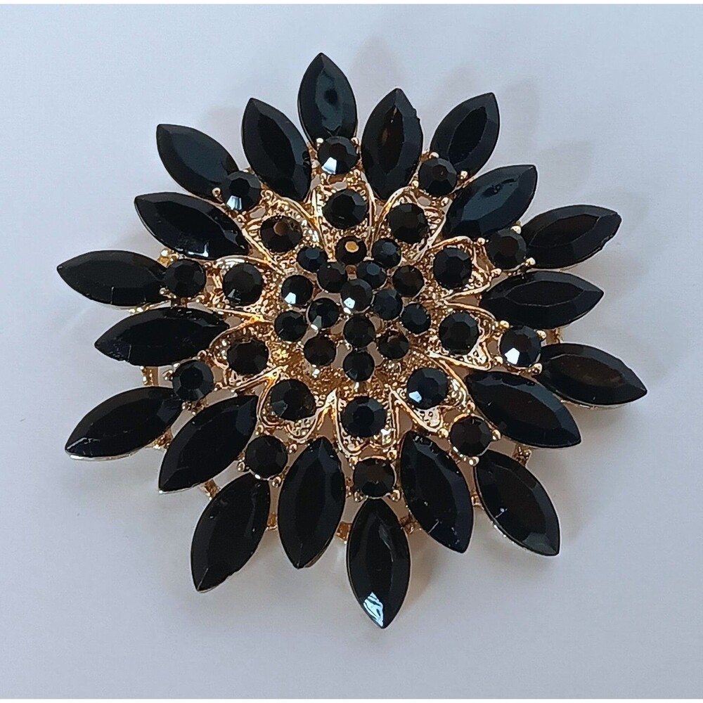 Large Goldtone Black Glass Rhinestone Flower Brooch 3 inch